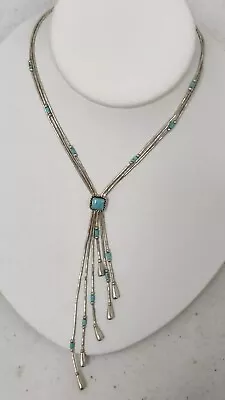 Sterling Silver QT Quoc Liquid Silver & Turquoise Bead Necklace W/ Dangles • $15.98