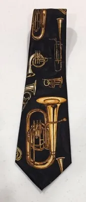 $8.75 • Buy EUC Mens Necktie Brass Trumpets & Trombones Steven Harris Hand Made Black & Gold