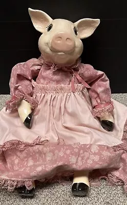 VINTAGE Doll Pig Head Cloth Stuffed Body Porcelain Hands/Feet PIG Doll 15” PINK • $19.99