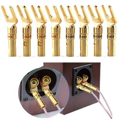 8pcs Y Spade Fork Plug Gold Plated Screw Lock 4mm HI FI Speaker Cable Connector • $11.01