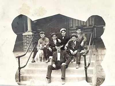 Vintage Photo HANDSOME MEN Sitting On Porch With BRITNEY SPANIEL DOG 1910s Rppc • $6.99