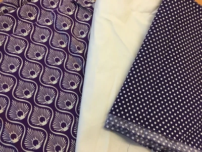 £4 • Buy 3 X  1meter PURPLE / CREAM COTTON FABRIC Dress/craft, Plain ,spotty, Peacock