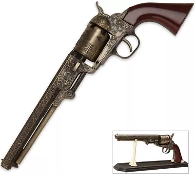 Western Revolver With Display Stand 13-in Decorative Navy Style Engravings • $29.99