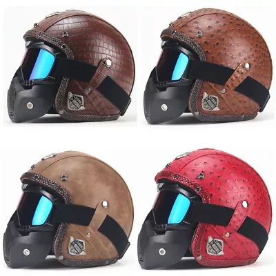 Motorcycle Helmet Open Face Street Cruiser Scooter Leather Helmet W/Face Mask • $89.99