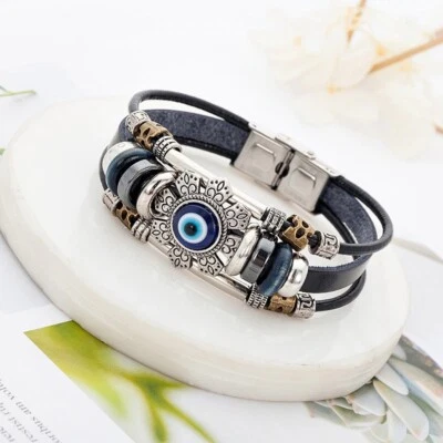$12.90 • Buy Adjustable Evil Eye Leather Bracelet Man Woman Punk Charm Wristband Bangle