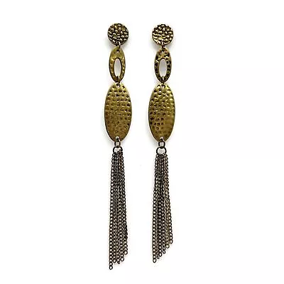 Brass Tone Hammered Design Articulated Oval Chain Tassel Post Fashion Earrings • $10.80