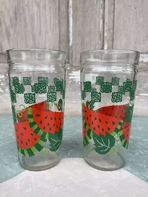 Pair Of Vintage Anchor Hocking 16 Oz Watermelon Jelly Jar  6” Glass • $17.99