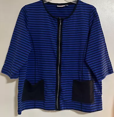 Quacker Factory Cardigan Jacket Top Striped Size XL Blue Black Zip Front • $16.99