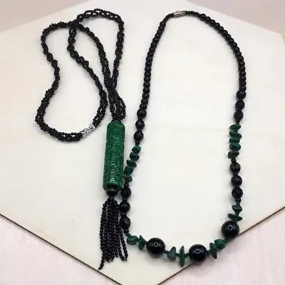 Vintage Chinese Jadeite And Onyx Tassel Necklace Free Vintage Malachite Necklace • $80