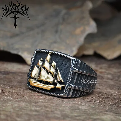 Mens Stainless Steel Gold Nautical Sailor Marine Pirate Ship Ring Size 7-15 Gift • $7.99