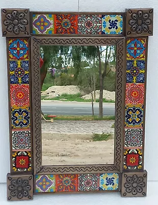 PUNCHED TIN MIRROR With Mixed Talavera Tile Mexican Folk Art • $99