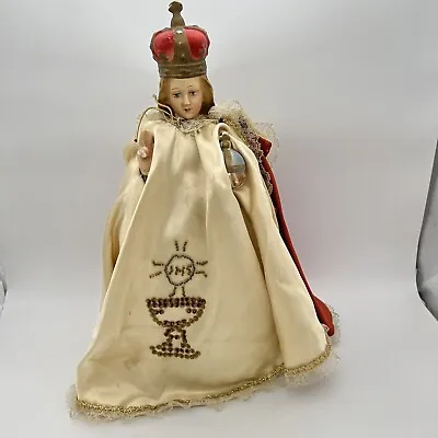 Vintage Chalkware Infant Of Prague Statue 13  Tall Holds Globus Cruciger • $32