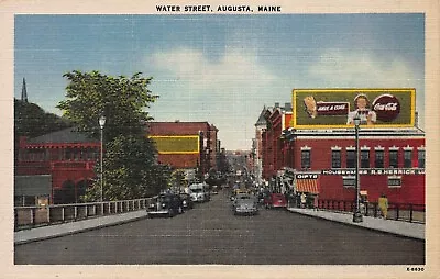 Water Street Augusta Maine Early Linen Postcard Showing A Coca Cola Sign • $12