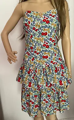 Vintage 80s Kadix Floral Cotton Strapless Boned Zip Back 2-frill Rara Dress 8 10 • £19