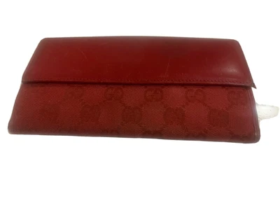 $75 • Buy Authentic GUCCI Red Canvas & Leather Long Slim Wallet / Checkbook Holder