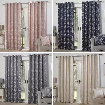 Jacquard Eyelet Curtains Butterfly Meadow Floral Ready Made Lined Curtain Pairs • £7