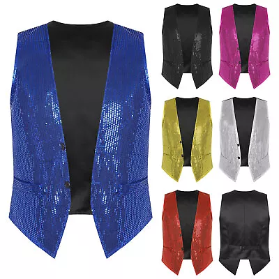 Men Women Sparkling Sequins Vest Button Sleeveless Waistcoat Dance Party Costume • $13.24