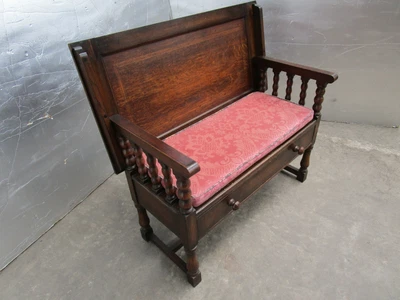 £279.99 • Buy Antique Oak & Inlaid Folding Top Wood Monks Bench Settle Pew With Centre Draw  
