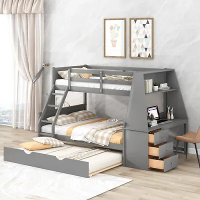 Twin Over Full Bunk Bed With Trundle Home Office Desk Storage Cabinet Bed FrameS • $829.99