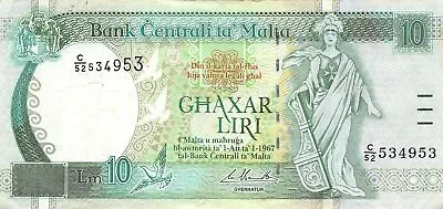 Malta  10  Liri  L. 1967 / 1994  P 47b  Series C/52  Circulated Banknote XB10 • $24.95