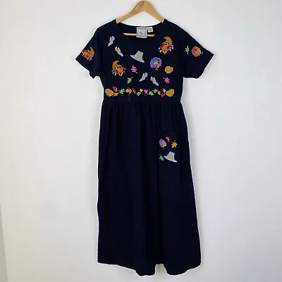 Vintage Michael Simon Womens Size Medium Black Fall Embroidered Maxi Dress • $64.99