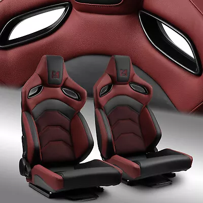 Reclinable PVC Racing Seats Pair Universal Car Seat Black-Red Full Set W/Sliders • $401.98