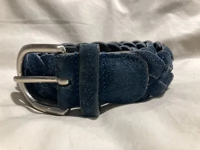 Men's Blue Suede Braided Belt White Brass Buckle - Italy -  Size 44 • $18