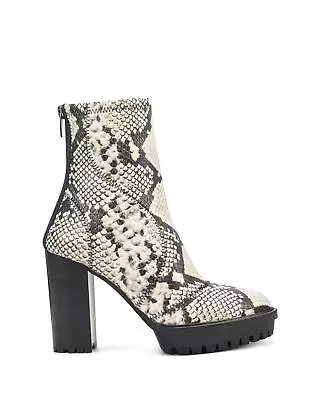 Vince Camuto Erettie Lug Sole Platform Block Heel Booties Black White Snake Boot • $29.95