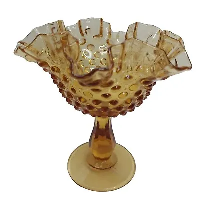 Vintage Fenton Glass Compote On Pedestal Yellow Amber Hobnail Ruffled Edge 6  • $11.19