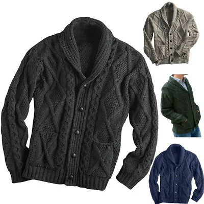 Men's Button Down Shawl Collar Sweater Cable Knit Knitwear Pockets • $39