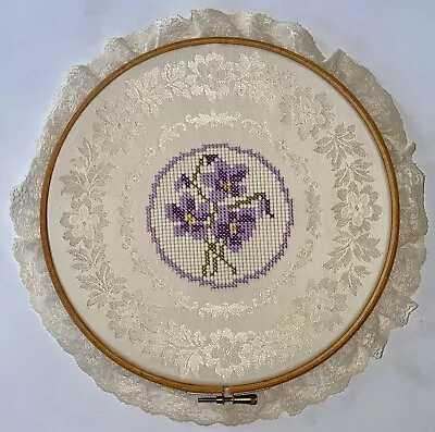 Vintage Completed Finished Needlepoint Round Floral Flowers Lace Embroidery • $19.29