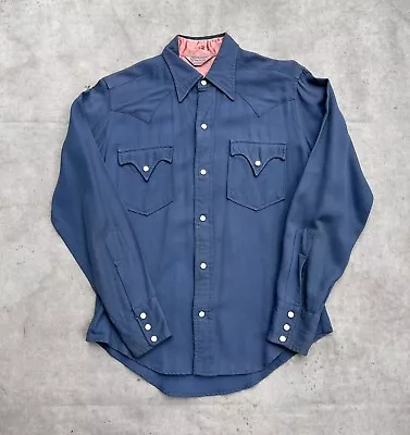 Vintage 1950’s Western Rayon Gabardine Pearl Snap Shirt Size Small Blue • $100