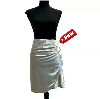 Rachel Zoe Womens Skirt Satin Silk Shiny High Waist Ruched Wrap Silver L NWT • $60