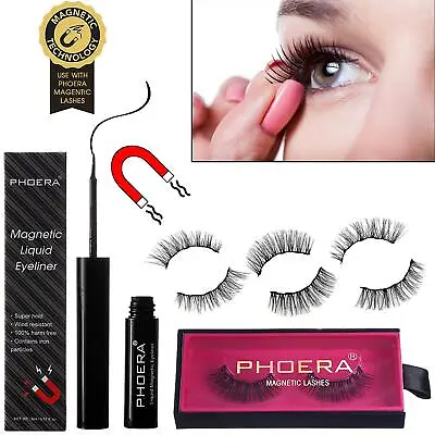 PHOERA Waterproof Magnetic Natural Long False Eyelashes No Glue Liquid Eyeliner • £4.25