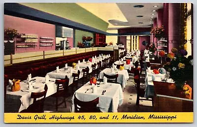 Meridian Mississippi~Davis Grill Interior~Restaurant~Linen Postcard • $11.99