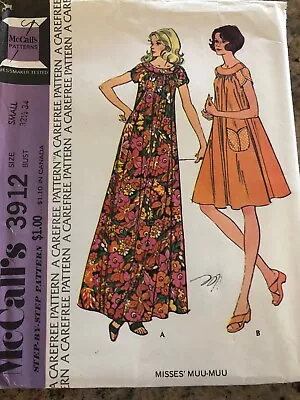 🌼 1973 McCALL'S #3912 - LADIES FLOOR Or KNEE LENGTH MUU MUU PATTERN 10-12 FF • $15.19