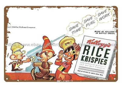 1943 Ww2 Snap Crackle Pop Rice Krispies Cereal Metal Tin Sign Bar Wall Decor • £18.24