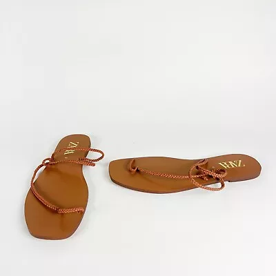 $22.50 • Buy NEW Zara Faux Vegan Leather Dainty Strappy Braided Open Toe Flat Sandals Shoes 