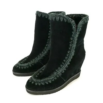MOU Boots 41 Womens French Toe Short Wedge Black Suede Metal Logo Sherpa Lined • $169.15