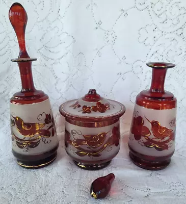 VTG Czech Bohemian Glass Ruby Red Flash Perfume Bottle Jar W Lid Birds Gold Set • $15