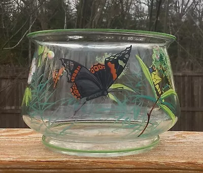 Moser Meyr’s Neffe Bohemian Art Glass Transparent Enameled Butterfly Vase • $280