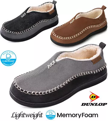 Mens Dunlop Memory Foam Slippers Winter Warm Fur Cosy Indoor Slip On Shoes Size • £13.95