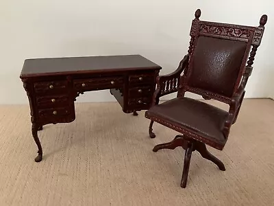 Vtg Bespaq Dollhouse Miniature Victorian Mahogany Desk & Swivel Chair • $79.99