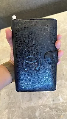 CC CHANEL Long Wallet With Coco Mark Caviar Leather Black Purse Wallet • $500