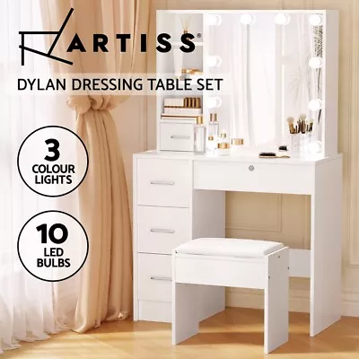 Artiss Dressing Table LED Makeup Mirror Stool Set Vanity Desk Cabinet 10 Bulbs • $182.95