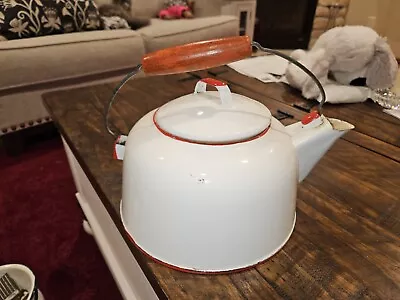 Vintage Farmhouse Red White Enamelware Tea Kettle W/ Wood Handle • $24.99