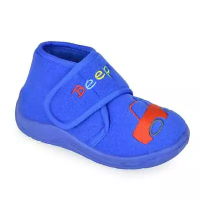 Toddler Boys Blue  Beep  Car Design Fleece Easy Close Bootie Slippers • £10.49