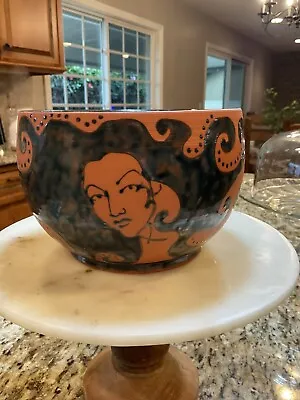 VTG Terracotta Art Pottery Bowl Mystical Mermaid Design Black Interterior Signed • $45