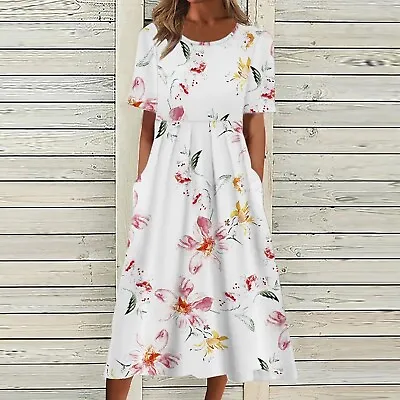 $29.05 • Buy Womens Short Sleeve Floral Midi Dress Kaftan Casual Loose Pocket Pleated Dresses