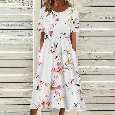 $29.05 • Buy Womens Short Sleeve Floral Midi Dress Kaftan Casual Loose Pocket Pleated Dresses